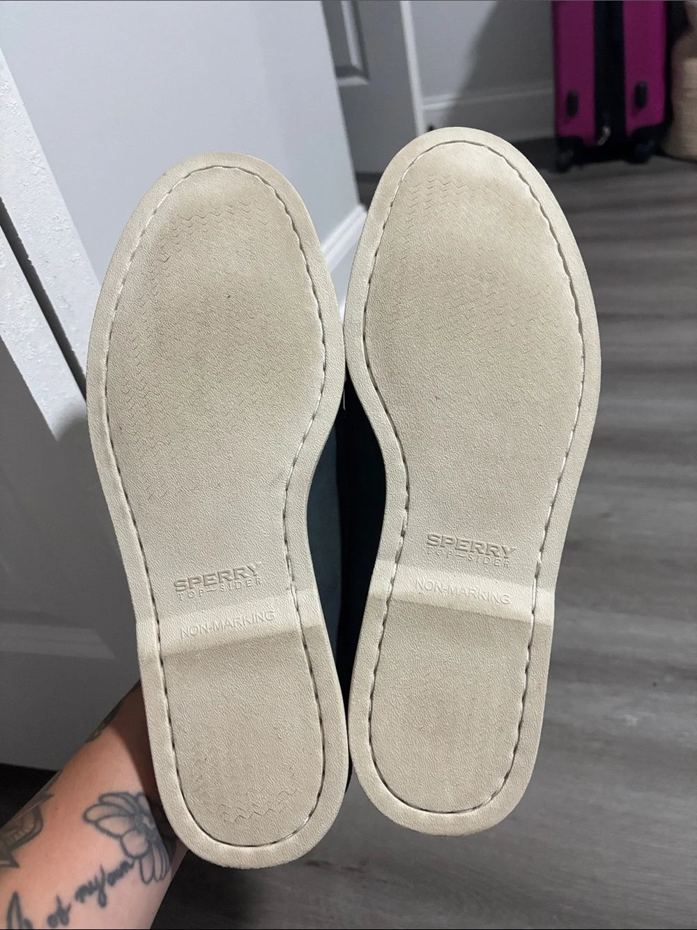 Sperry Navy Leather Boat Shoes with Tan Laces